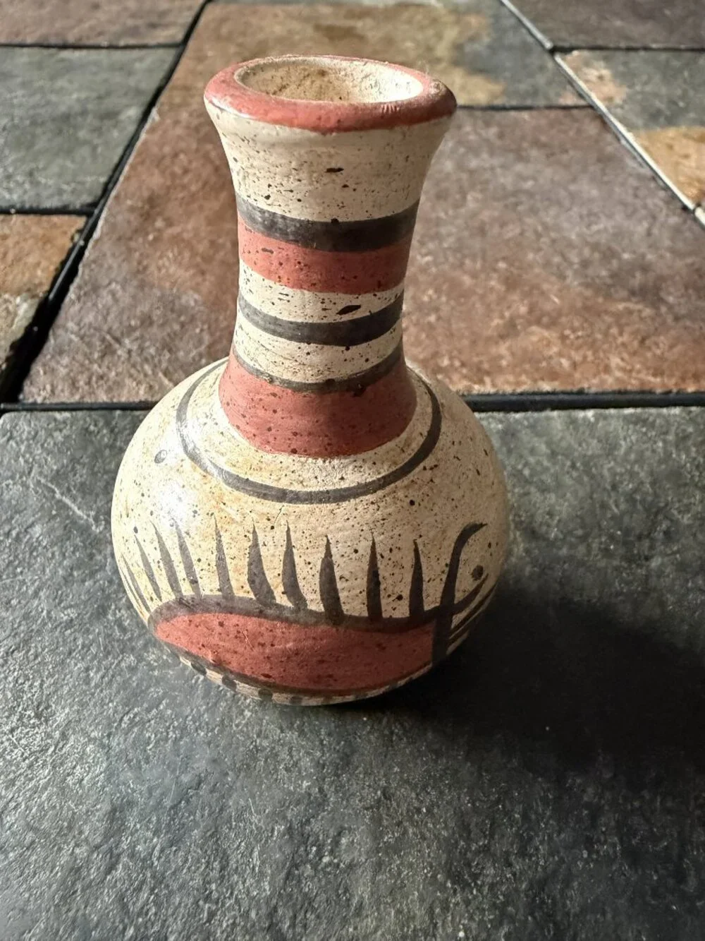 Vintage Hand-Painted Panama pottery mini bud vase 3.5” – terracotta folk art